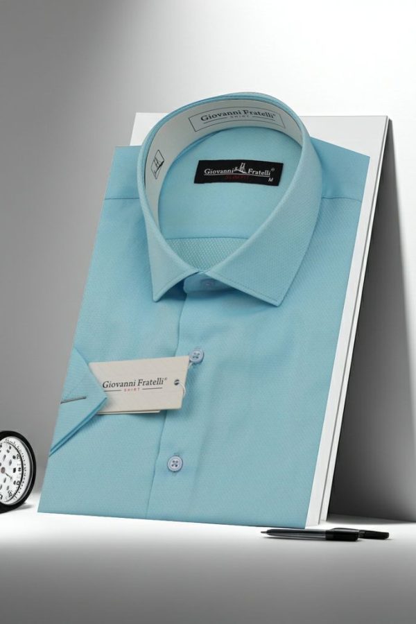 Slim Fit Kısa Kol Armürlü Jakar Erkek Gömlek 3GMK330123009