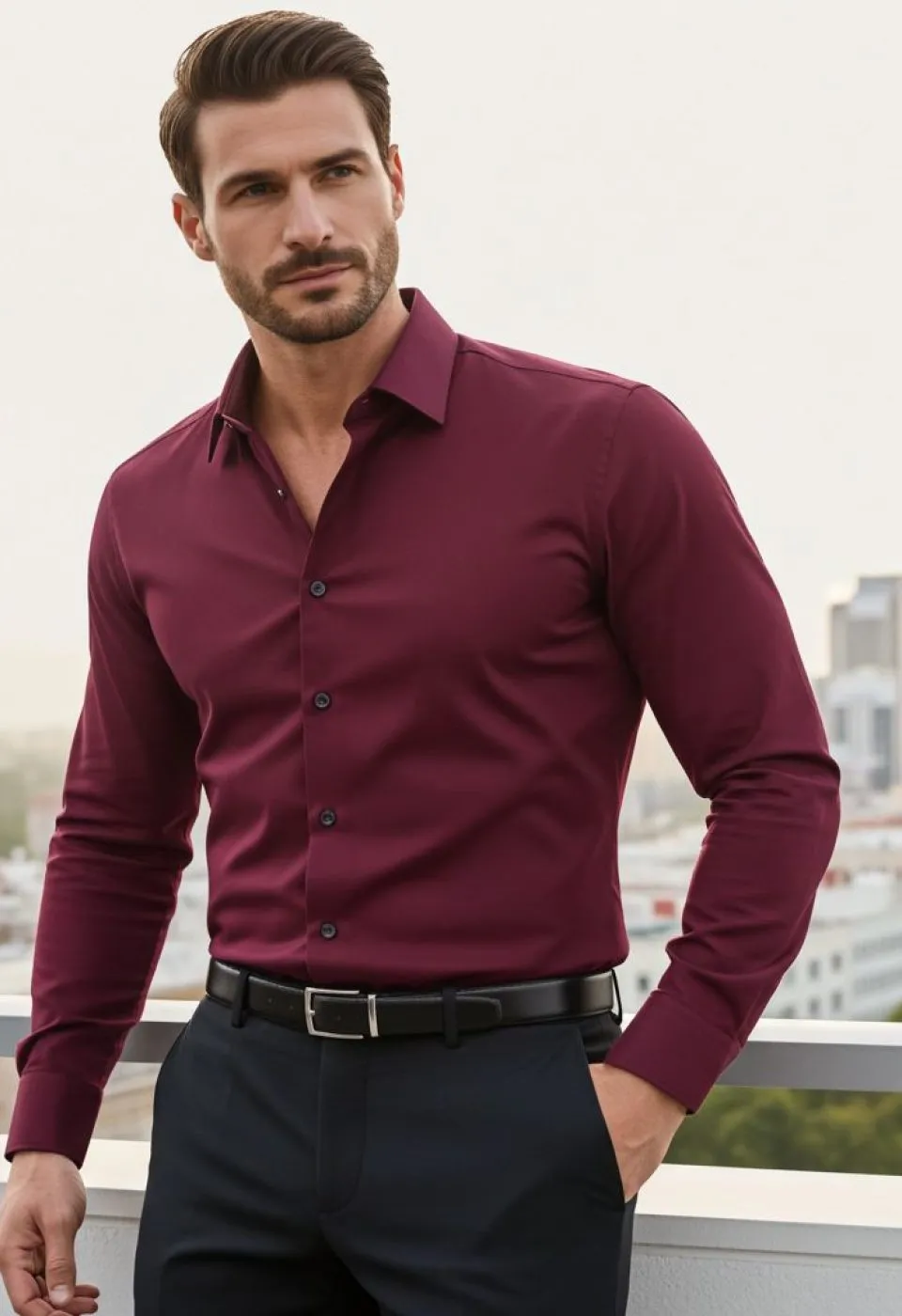 Büyük Beden Slim Fit Uzun Kol Düz Renk Saten Erkek Gömlek 4GMK316051027