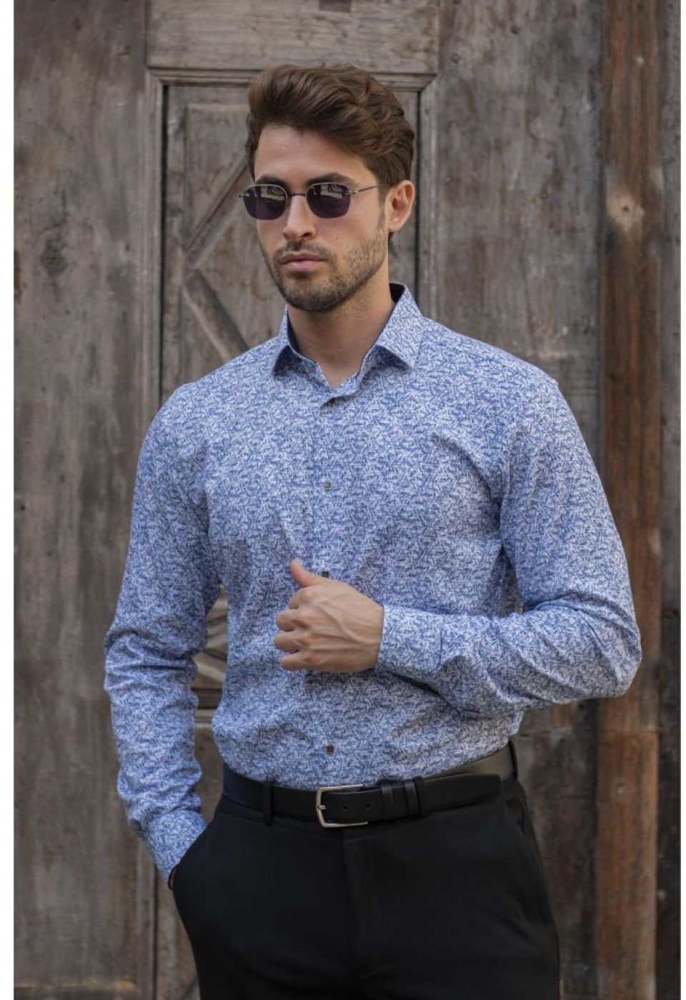 Slim Fit Uzun Kol Desenli Erkek Gömlek 3GMK311139007