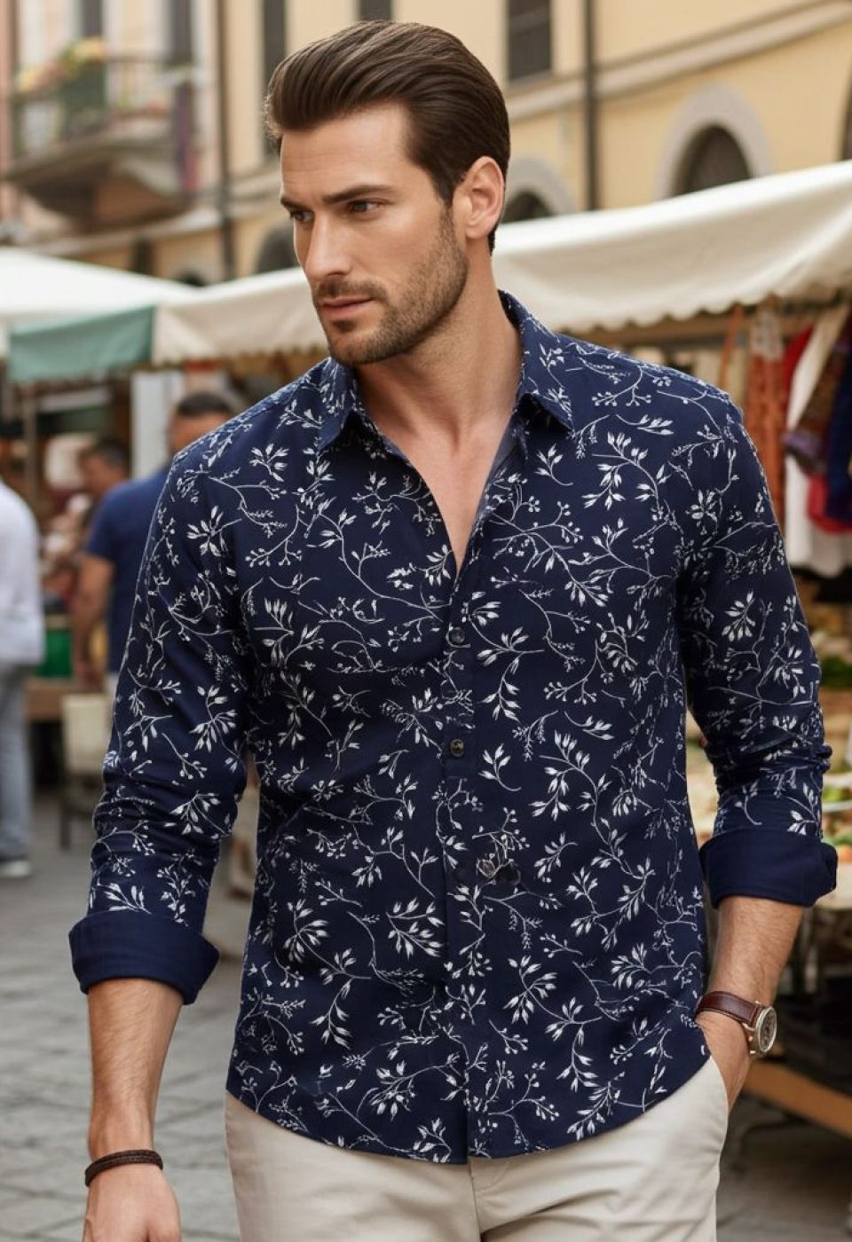 Slim Fit Uzun Kol Desenli Erkek Gömlek 3GMK321200005