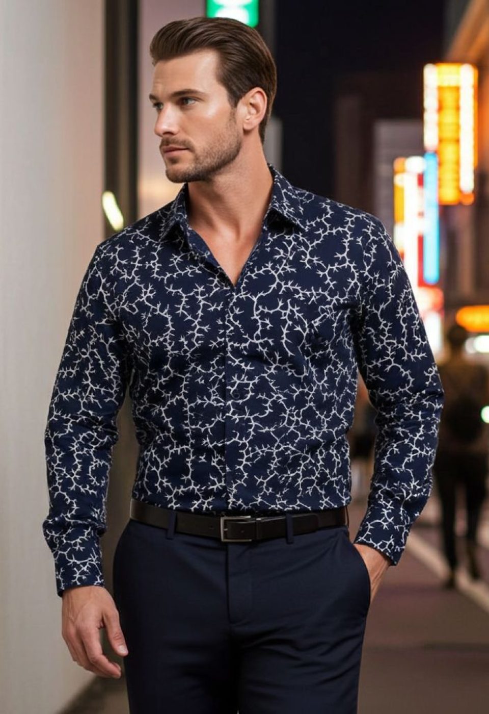 Slim Fit Uzun Kol Desenli Erkek Gömlek 3GMK311200006