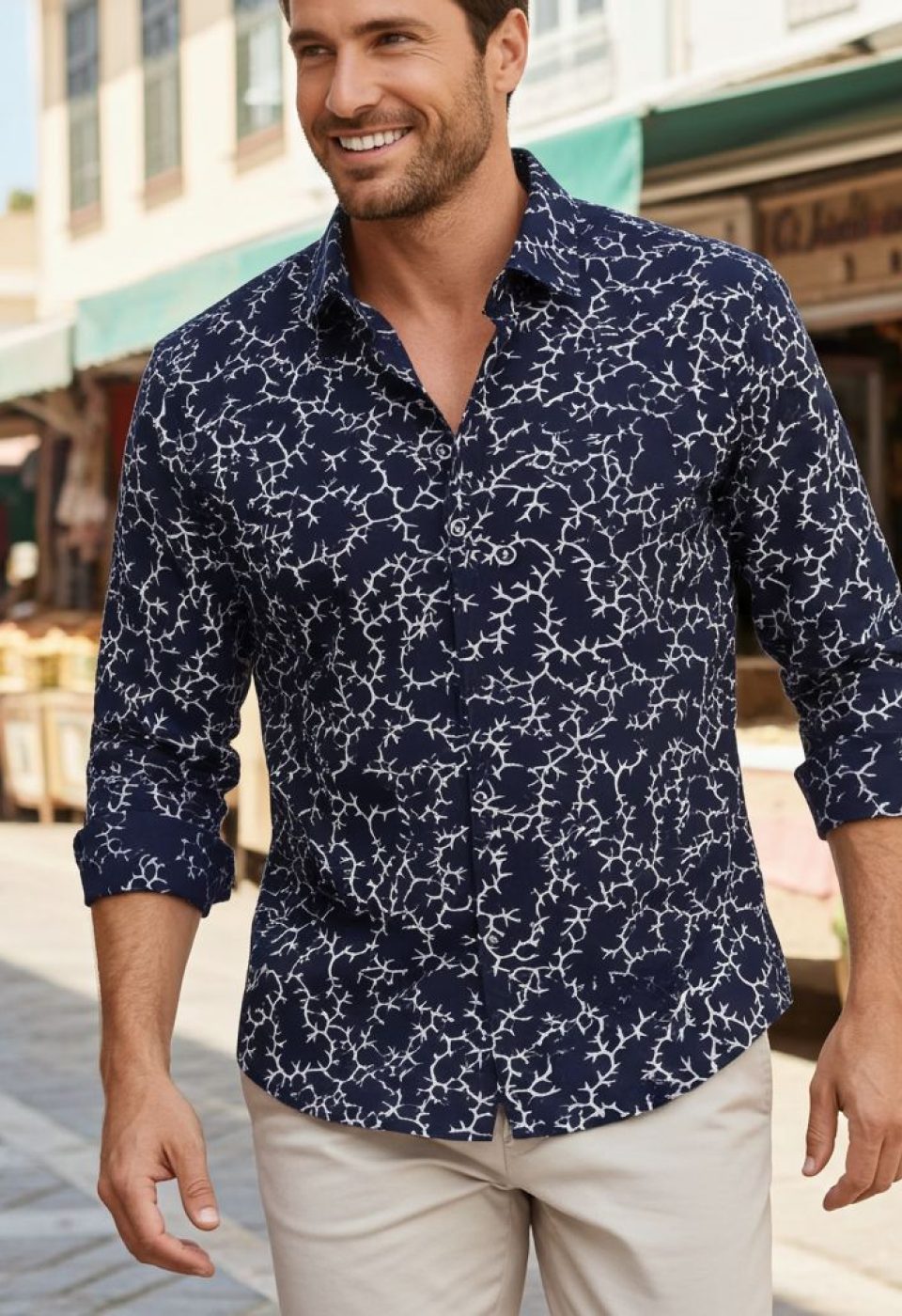 Slim Fit Uzun Kol Desenli Erkek Gömlek 3GMK321201009