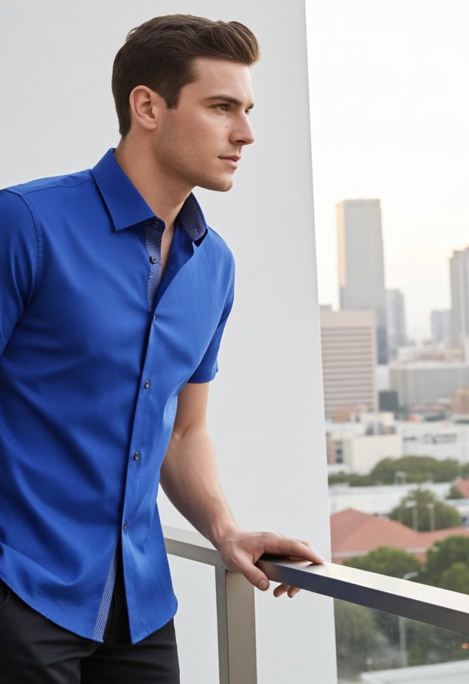 Slim Fit Kısa Kol Düz Renk Saten Erkek Gömlek 3GMK311224006