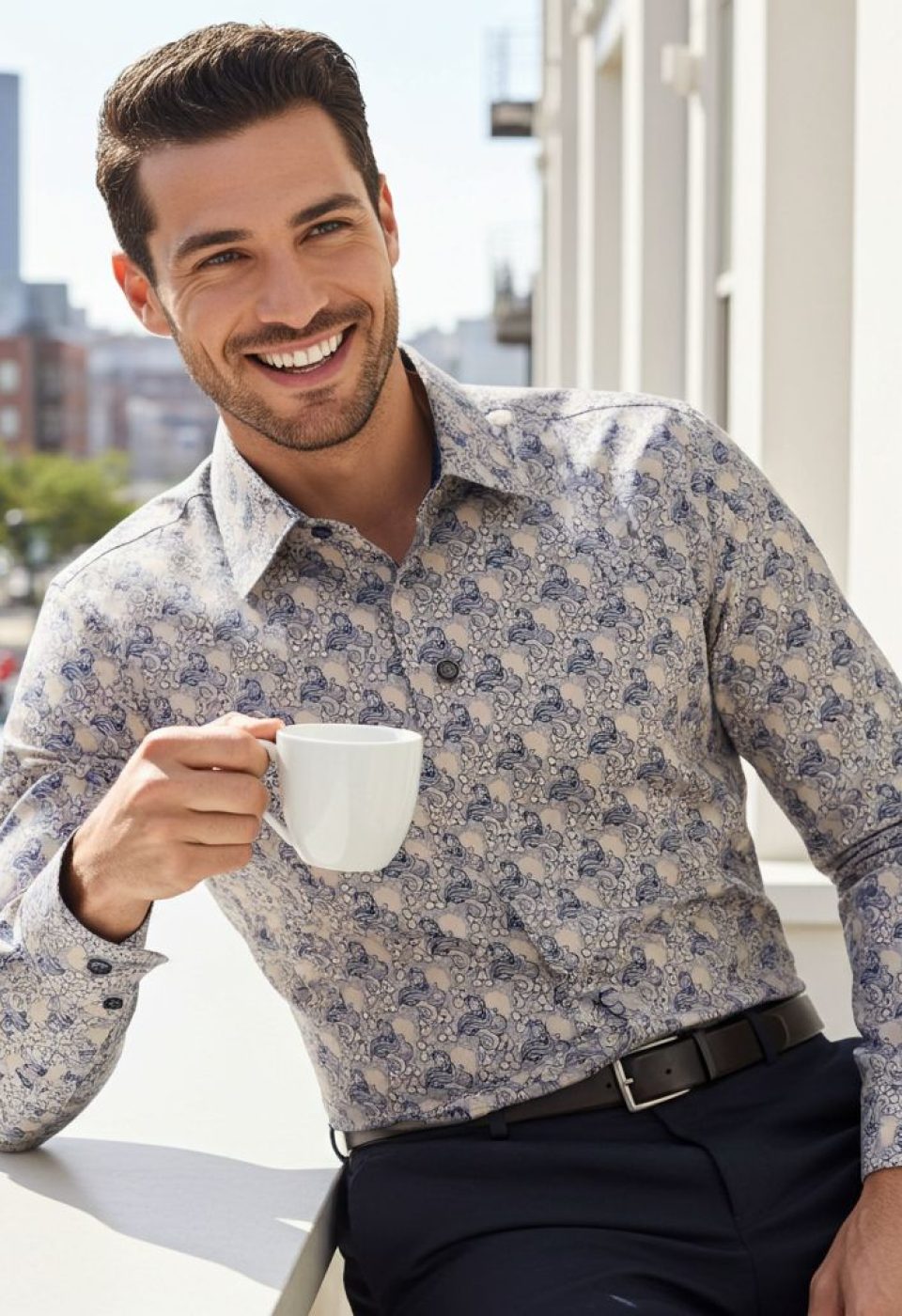 Slim Fit Uzun Kol Desenli Erkek Gömlek 3GMK321228002