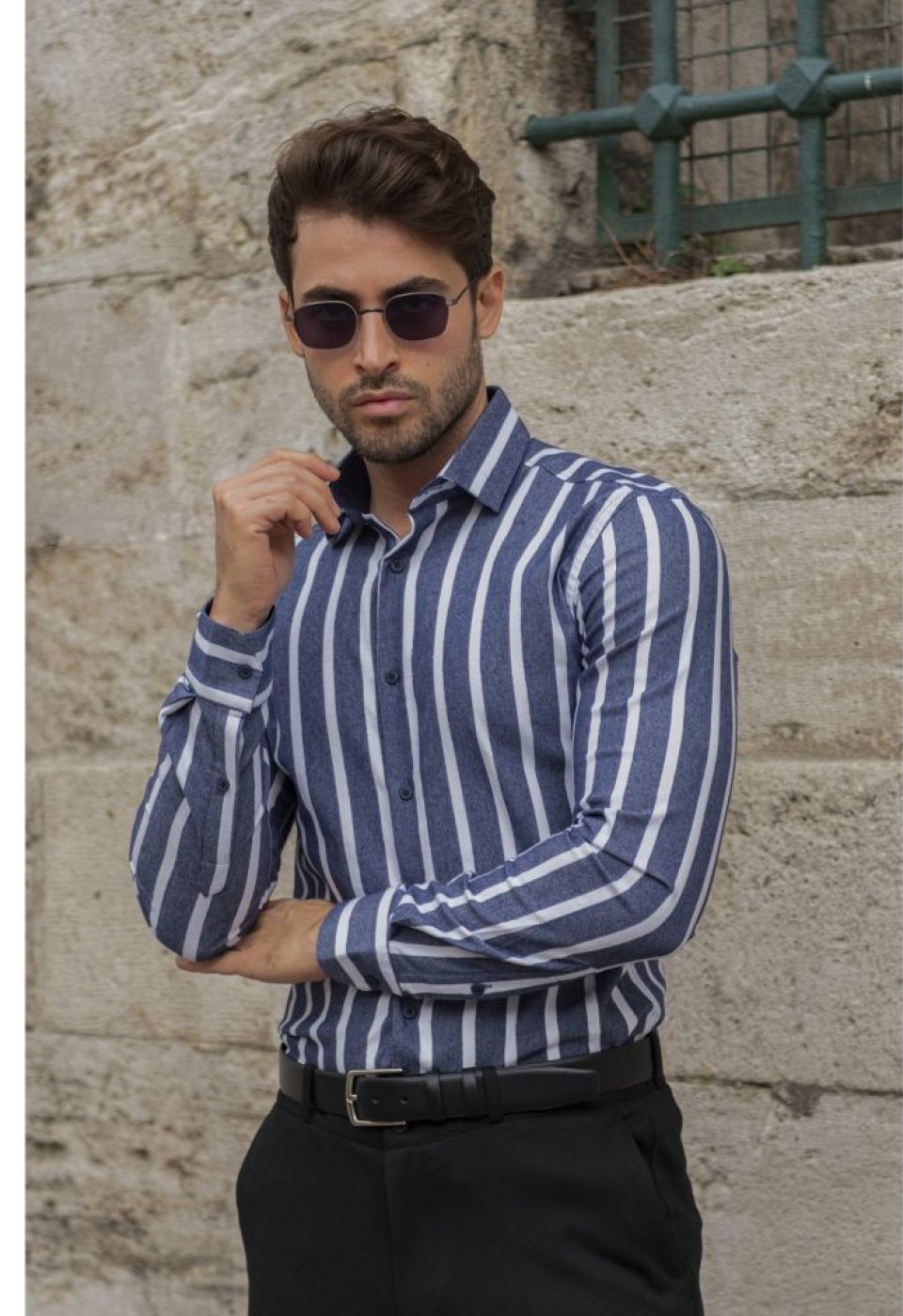 Slim Fit Uzun Kol Desenli Erkek Gömlek 3GMK311279005