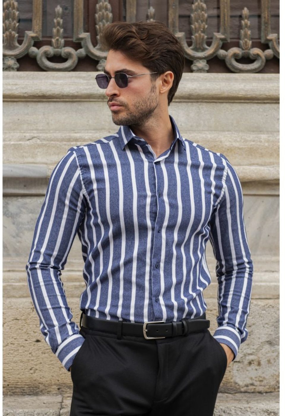 Slim Fit Uzun Kol Desenli Erkek Gömlek 3GMK311279005