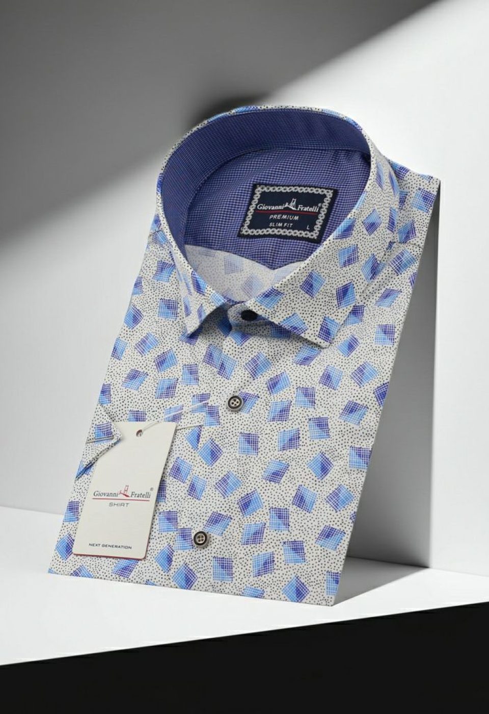 Slim Fit Kısa Kol Mavi Baklava Desenli Erkek Gömlek 3GMK321416001
