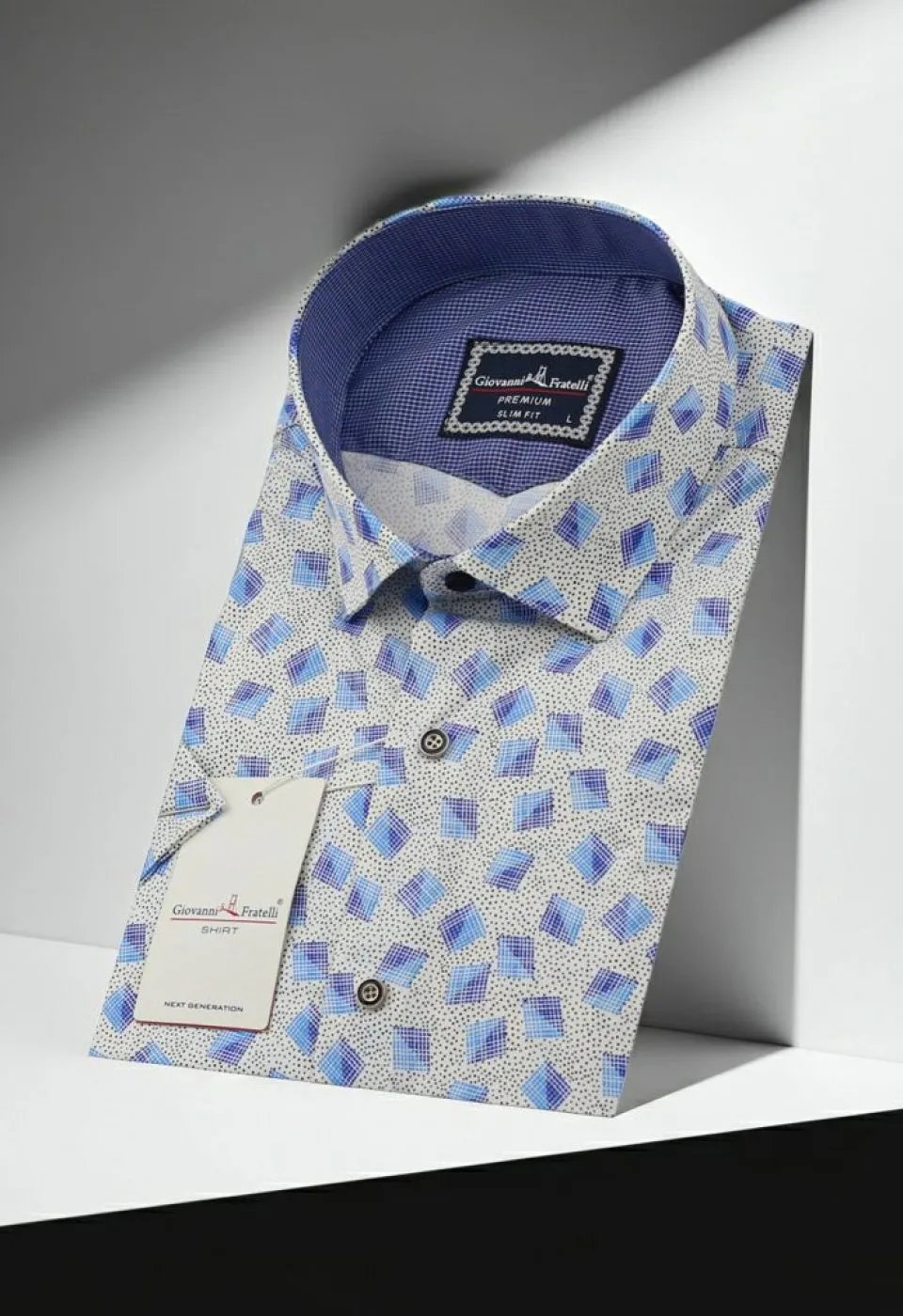 Slim Fit Kısa Kol Mavi Baklava Desenli Erkek Gömlek 3GMK321416001