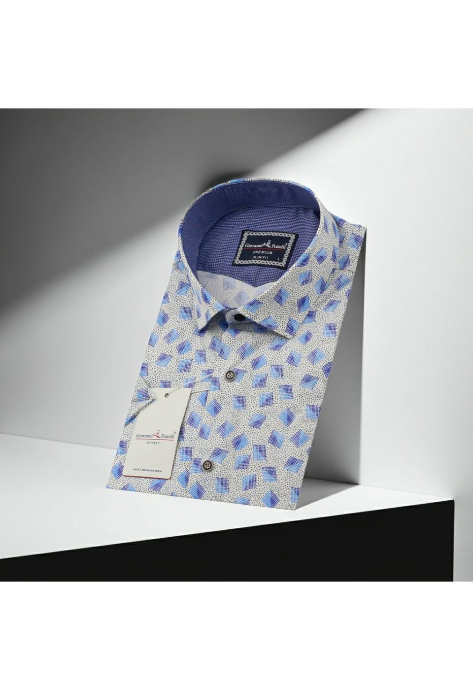 Slim Fit Kısa Kol Mavi Baklava Desenli Erkek Gömlek 3GMK321416001 - Giovanni Fratelli