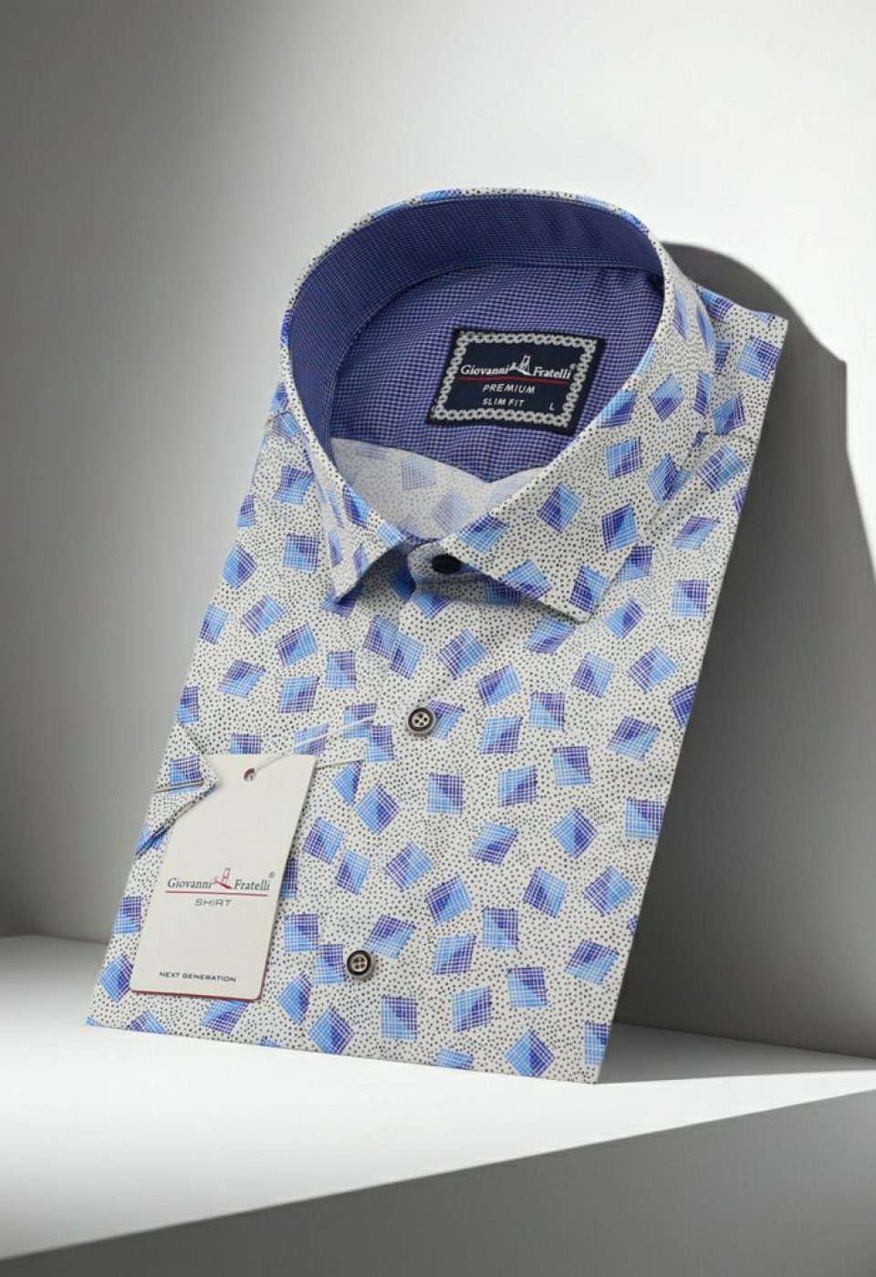 Slim Fit Kısa Kol Mavi Baklava Desenli Erkek Gömlek 3GMK321416001