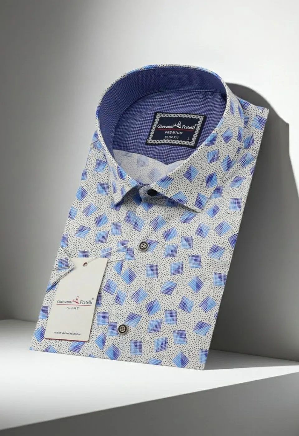 Slim Fit Kısa Kol Mavi Baklava Desenli Erkek Gömlek 3GMK321416001