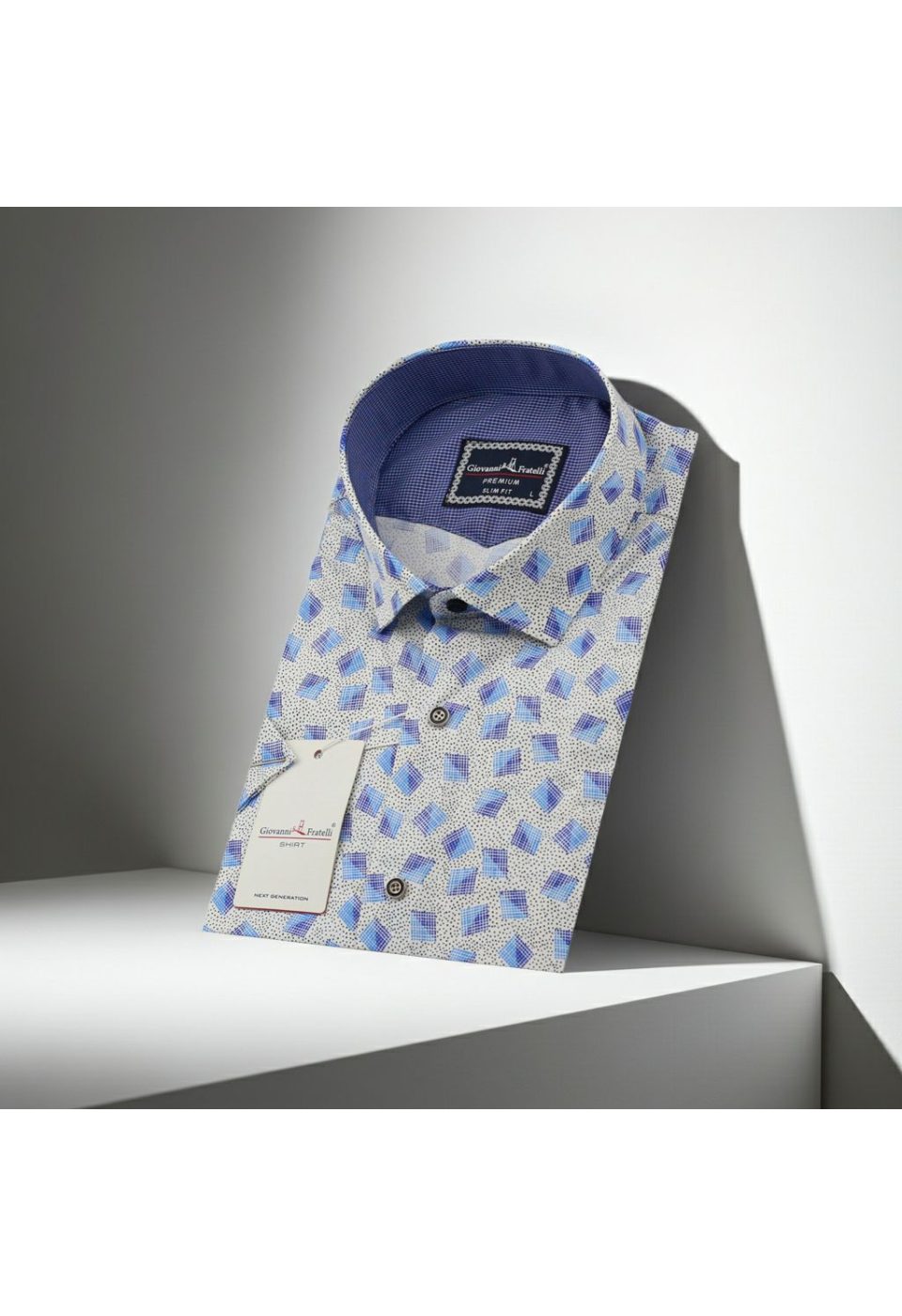 Slim Fit Kısa Kol Mavi Baklava Desenli Erkek Gömlek 3GMK321416001 - Giovanni Fratelli