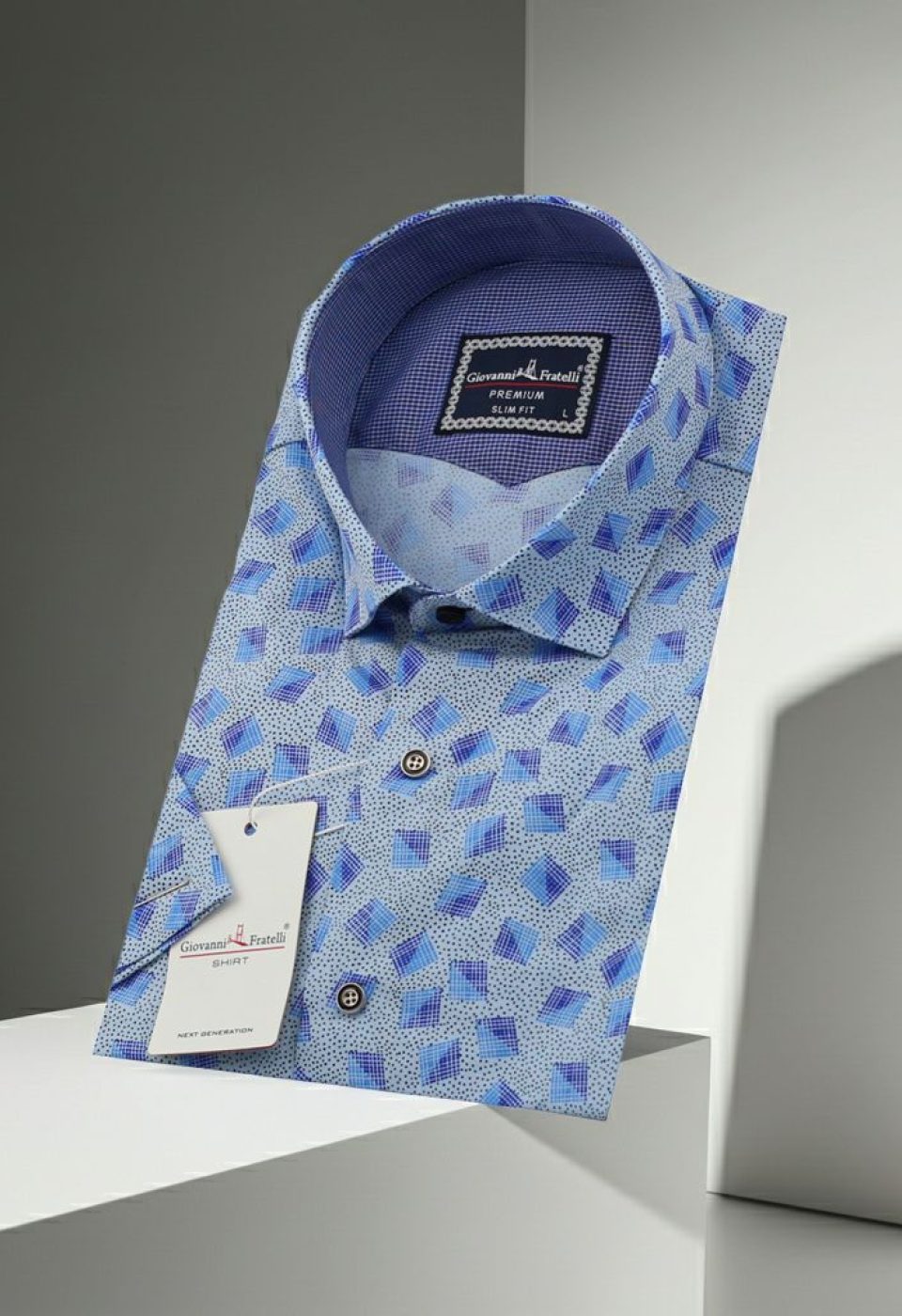 Slim Fit Kısa Kol Mavi Desenli Erkek Gömlek 3GMK321416002