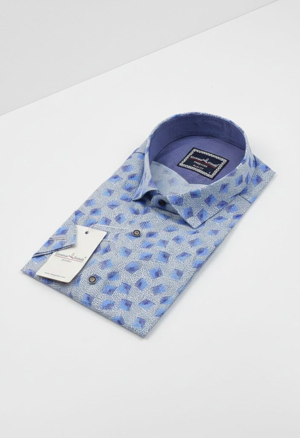Slim Fit Kısa Kol Mavi Desenli Erkek Gömlek 3GMK321416002