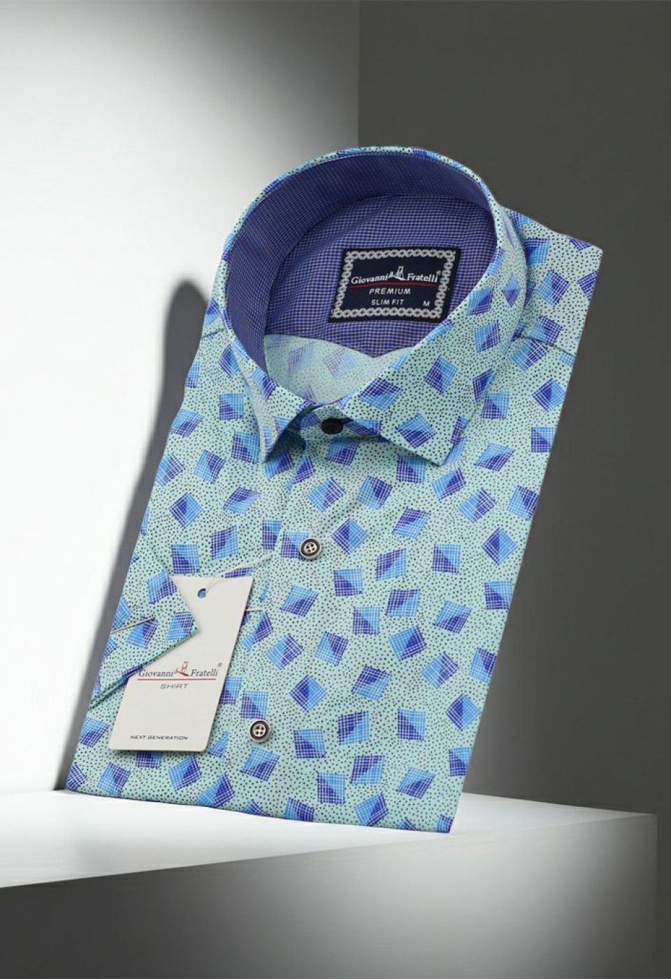 Slim Fit Kısa Kol Su Yeşili Desenli Erkek Gömlek 3GMK321416004