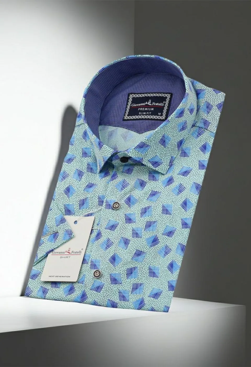 Slim Fit Kısa Kol Su Yeşili Desenli Erkek Gömlek 3GMK321416004