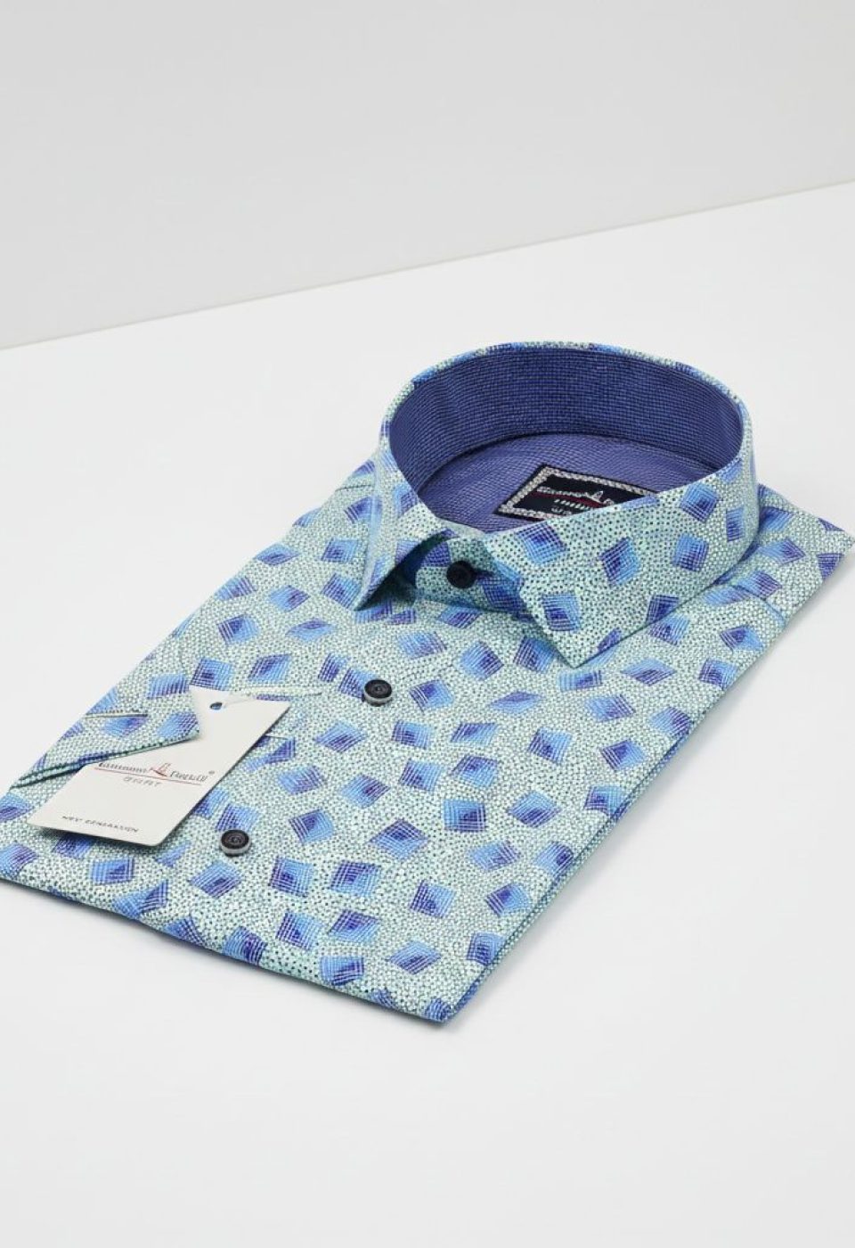 Slim Fit Kısa Kol Su Yeşili Desenli Erkek Gömlek 3GMK321416004