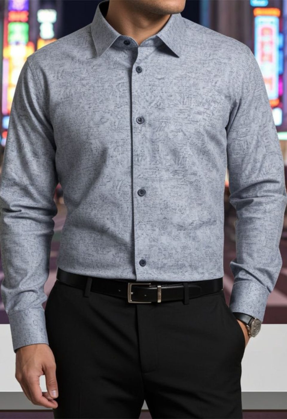 Slim Fit Uzun Kol Desenli Erkek Gömlek 3GMK312440003